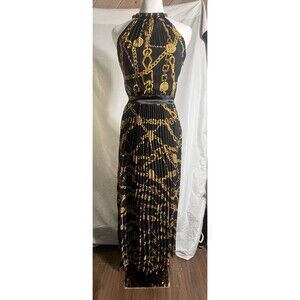 VaVa Voom Dress Woman's S Black Pleated Chains Beads Medallion Print Neck